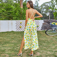 Vestido largo con tirantes florales, escote en V profundo, abertura alta y espalda descubierta, estilo rural, dulce, para vacaciones