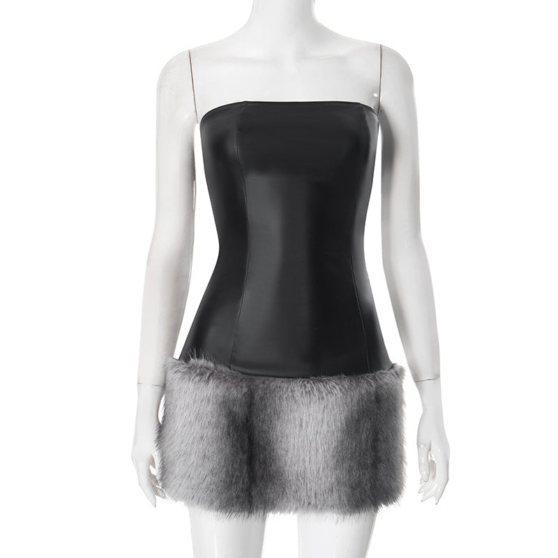 Collarless Leather Tube Top Plush Stitching Hip Short Dress