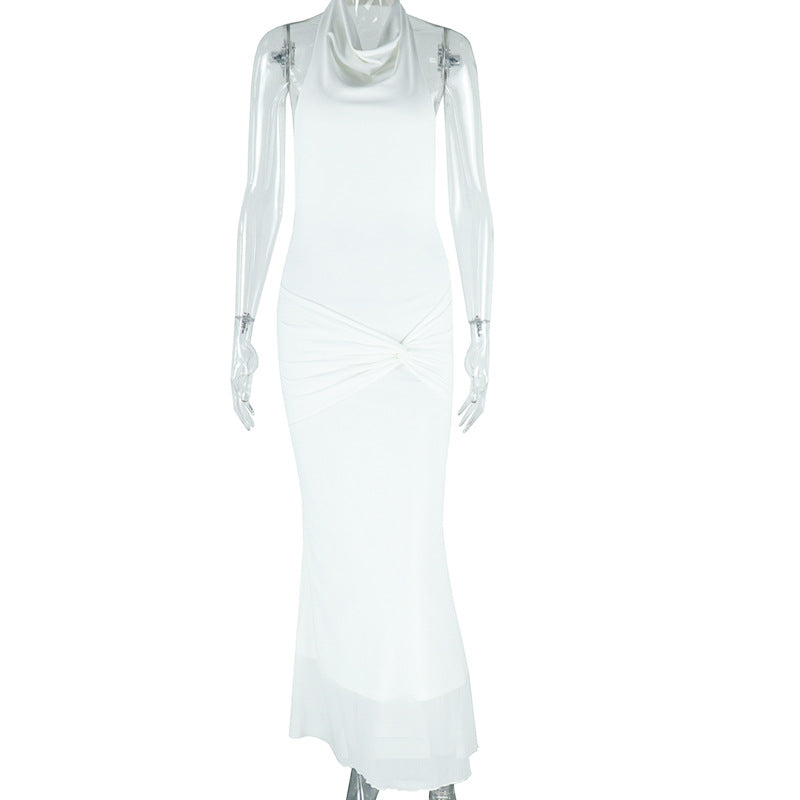 Solid Color Dress Halter Sleeveless Cropped Outfit Backless One Step Long Dress