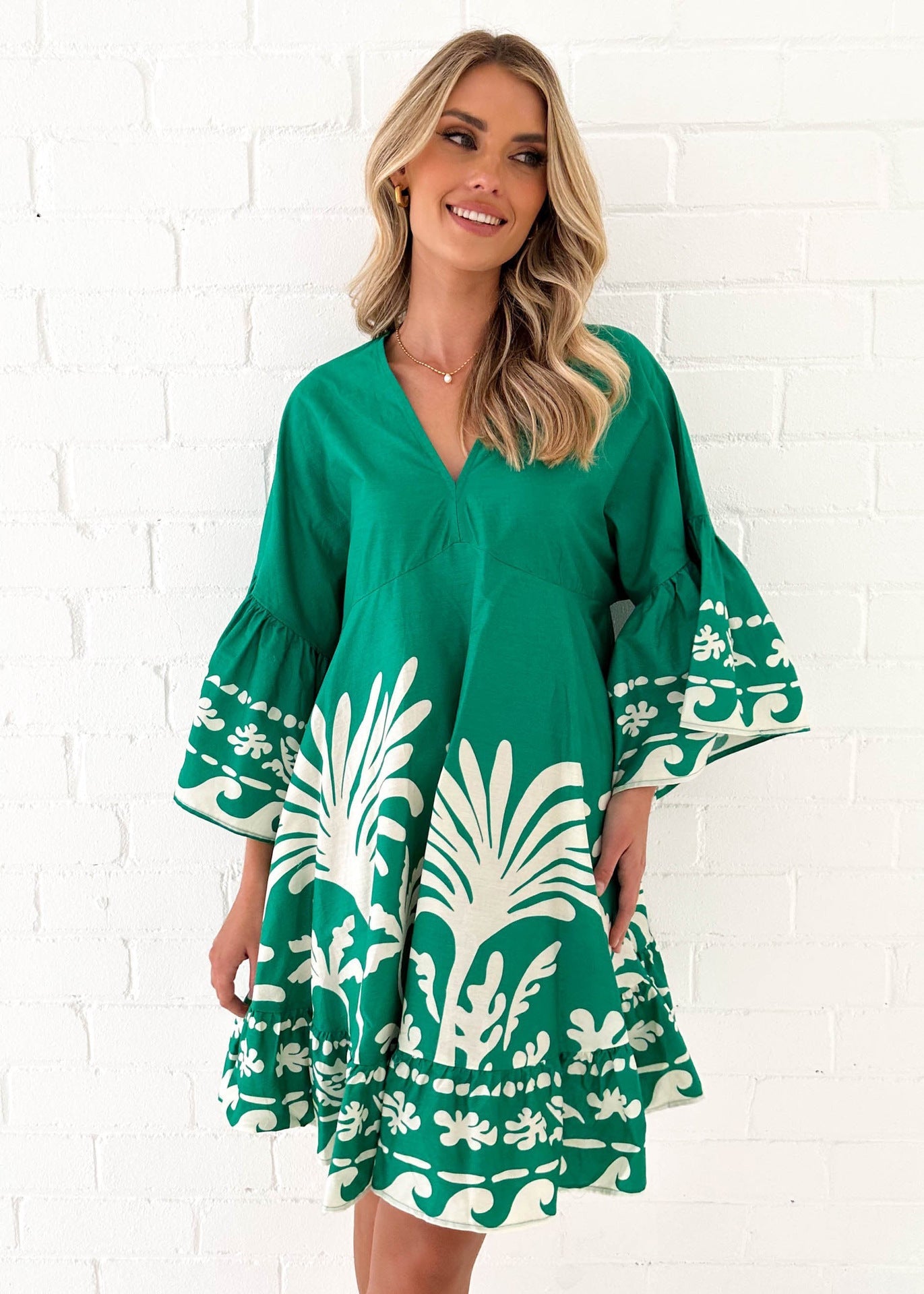 Casual Loose V neck Flared Sleeves Short