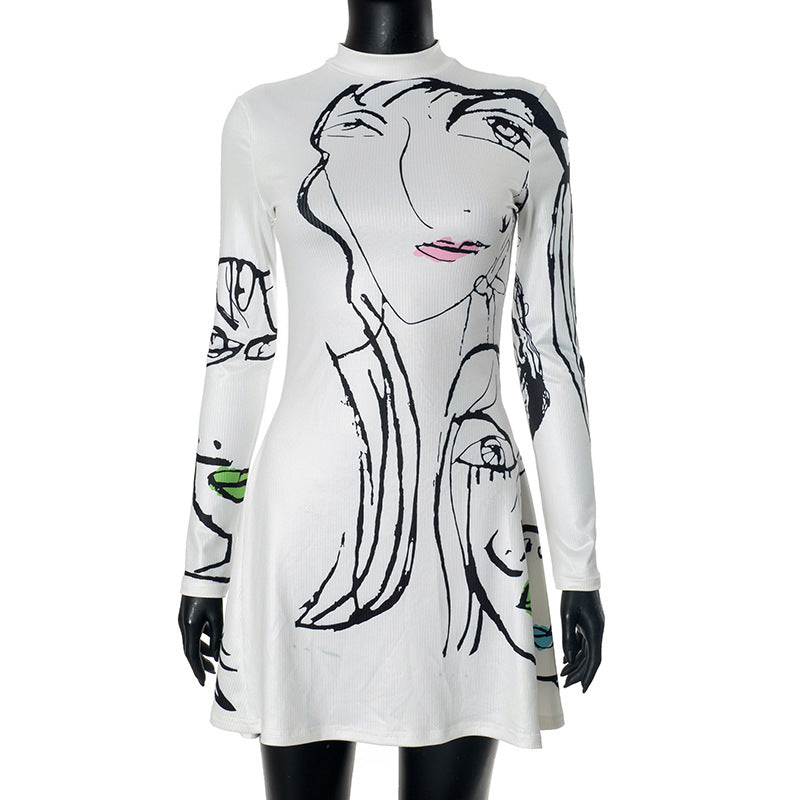 Vestido casual de manga larga con estampado de líneas verticales