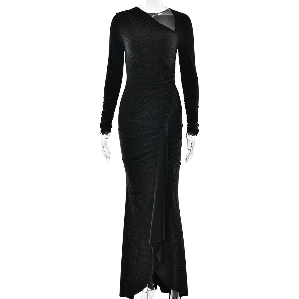 Vestido elegante ajustado con cuello diagonal y manga larga plisado de seda brillante