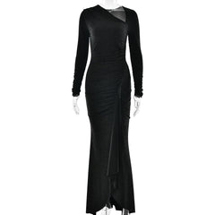 Vestido elegante ajustado con cuello diagonal y manga larga plisado de seda brillante