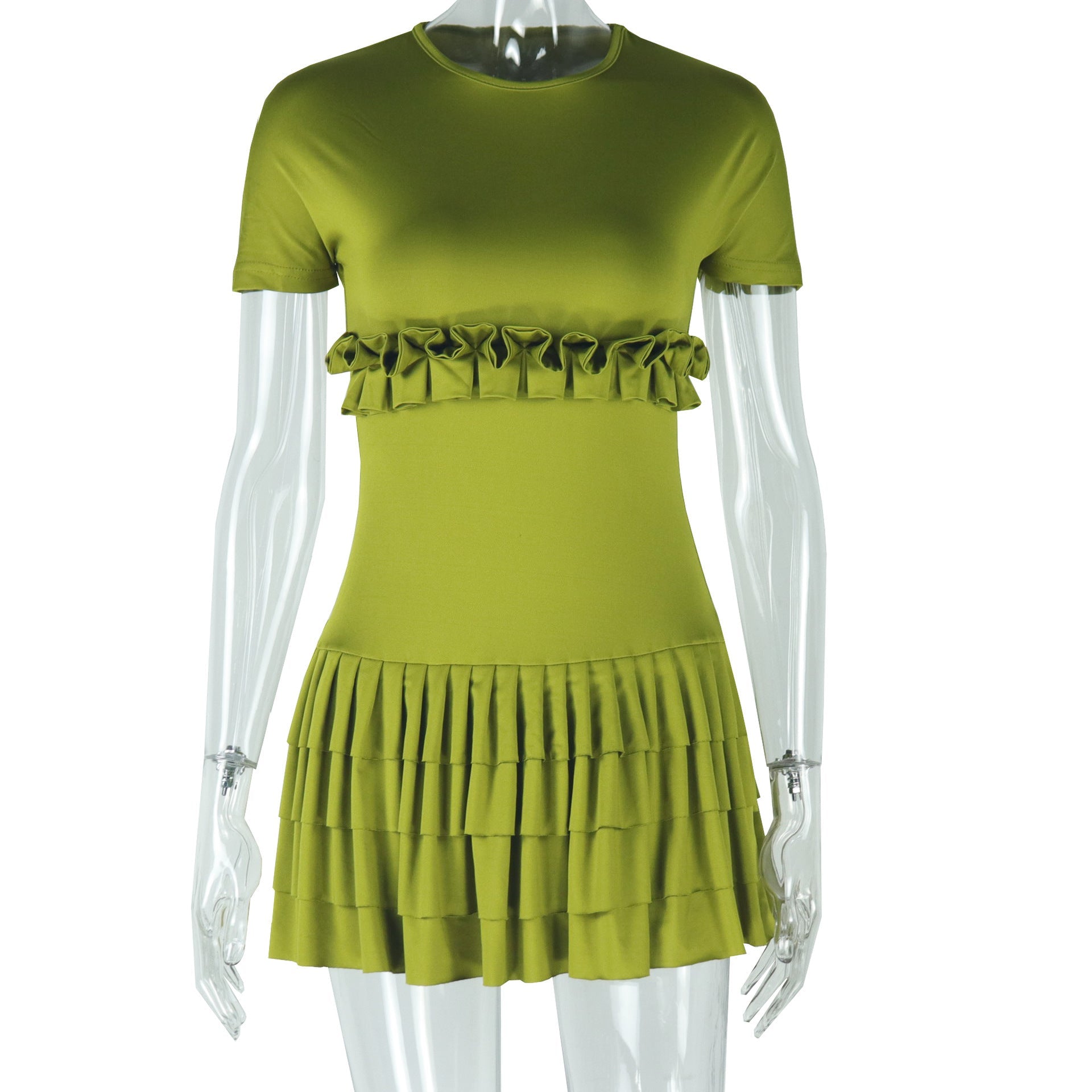 Solid Color Tight Sweet Fresh Pleated Skirt Short Sleeve round Neck Short Dress