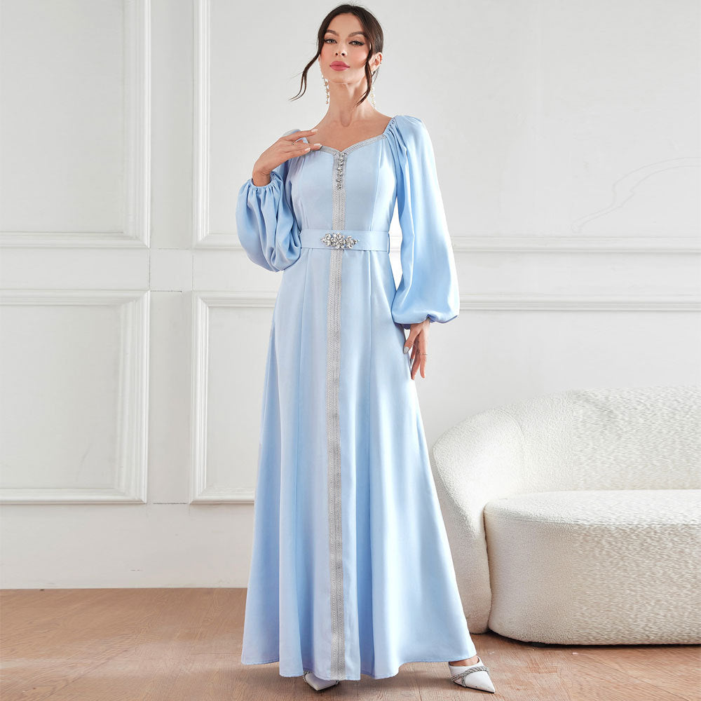 Middle East Muslim Elegant High Waist Rhinestone Dress Robe