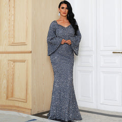 Elegant Sequ Toast Dress Mid Length Slimming Solid Color V neck Evening