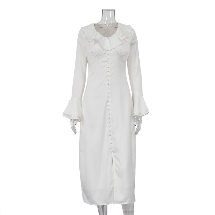 French Ruffled V neck Bell Sleeve Single Breasted Elegant Slim Dress for