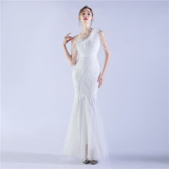 Craft Beaded plus Ostrich Feather High End Sequined Evening Dress