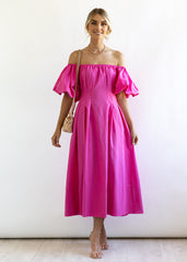 Vestido informal de cintura alta con mangas abullonadas y cuello desbocado en color sólido