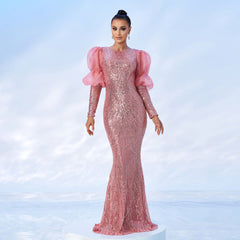 Vestido de cóctel de noche de alta gama con lentejuelas, cuello redondo y manga larga, vestido de dama de honor