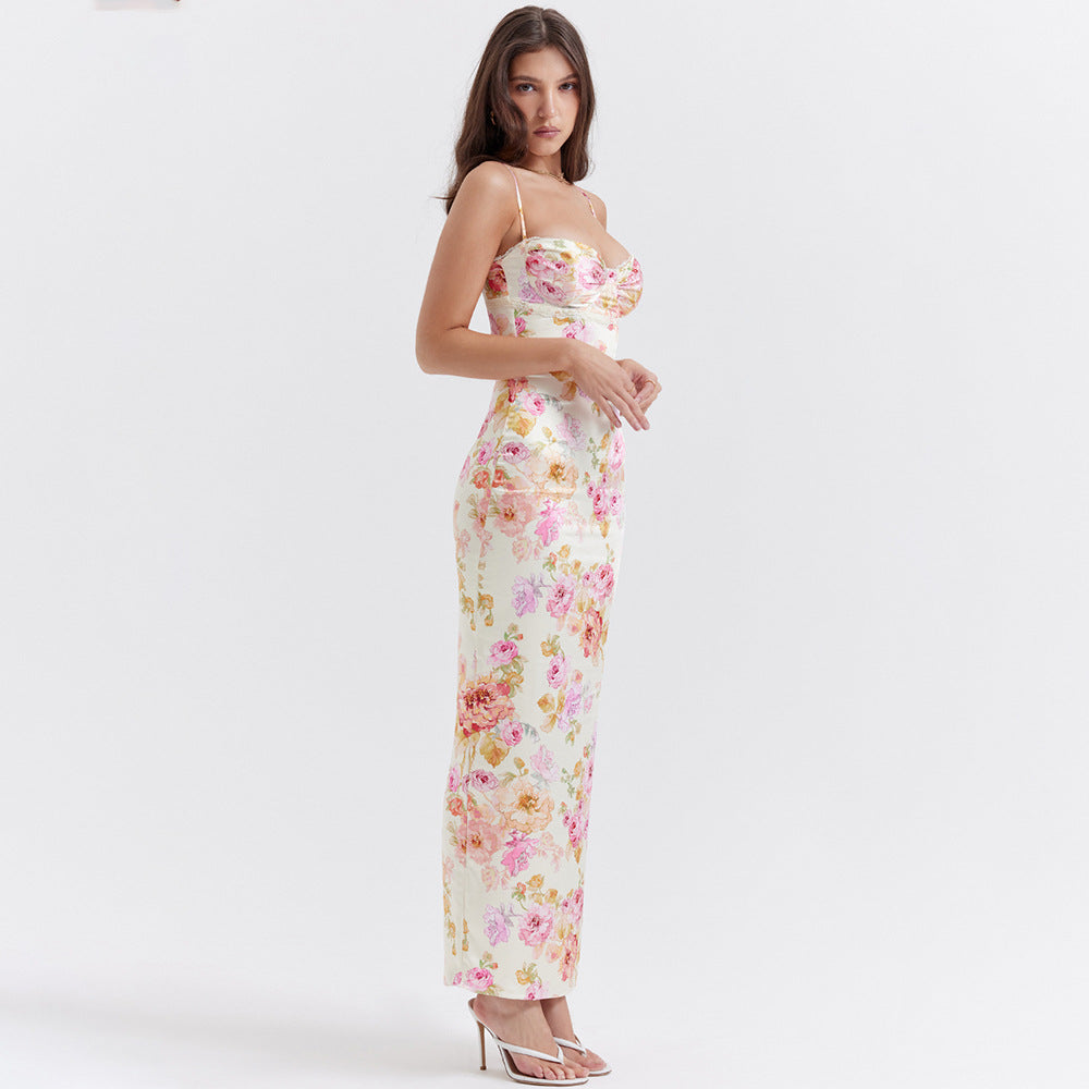 Dress Printed Strap Dress Backless Slit Vacation Floral Dress for