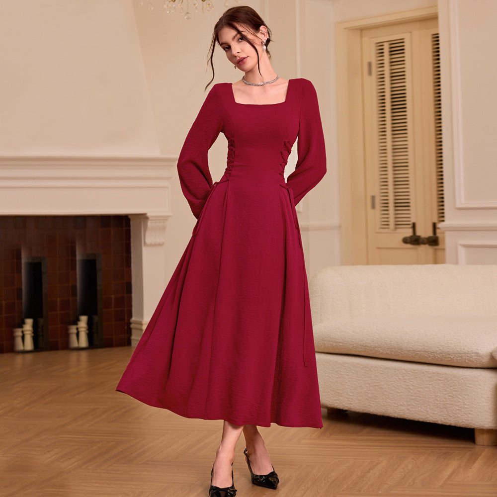 Square Collar Wine Red Dress  Retro Elegant Slim Fit Maxi Dress
