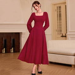 Square Collar Wine Red Dress  Retro Elegant Slim Fit Maxi Dress