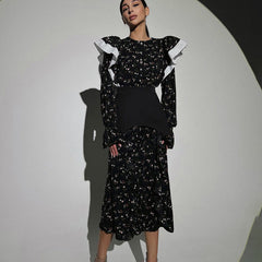 French Design Long Sleeve Dress Detachable Waist Seal Casual Floral Dress