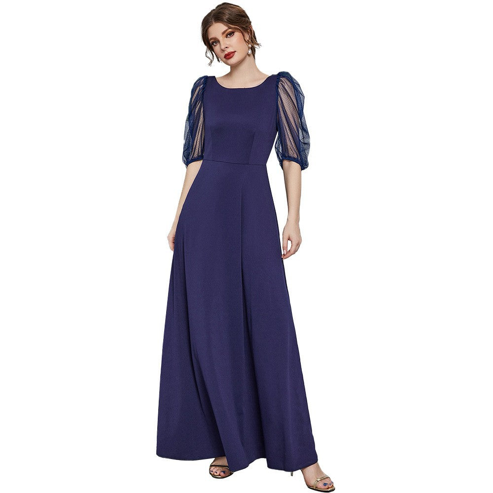 Voile Dress round Neck High Waist Half Sleeve Dress
