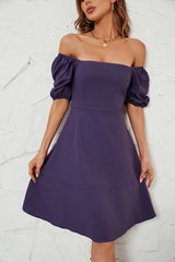 Solid Color off Neck Puff Sleeve Dress for