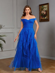 Solid Color off Shoulder Tube Top Mesh Long Elegant Slim Fit Cocktail Evening Dress