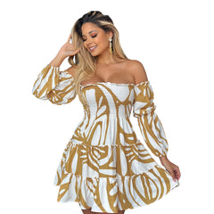 Off Shoulder Bandeau Dress Bubble Long Sleeve Patchwork Ruffled Short Dress