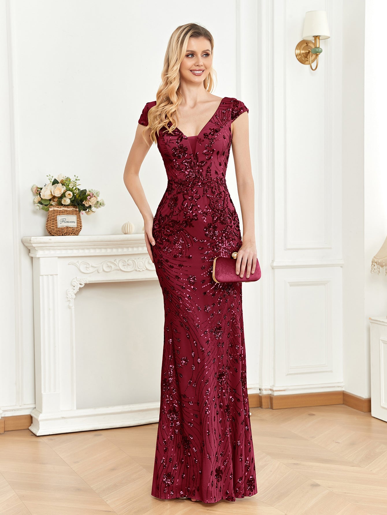 Vestido de cóctel de noche con lentejuelas y champán, corte entallado, cola de pez, largo tostado