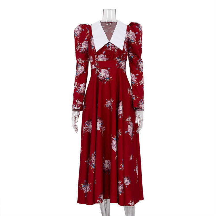 Early Retro Printed Large Swing Dress Waist Controlled Slim Fit Maxi Dress
