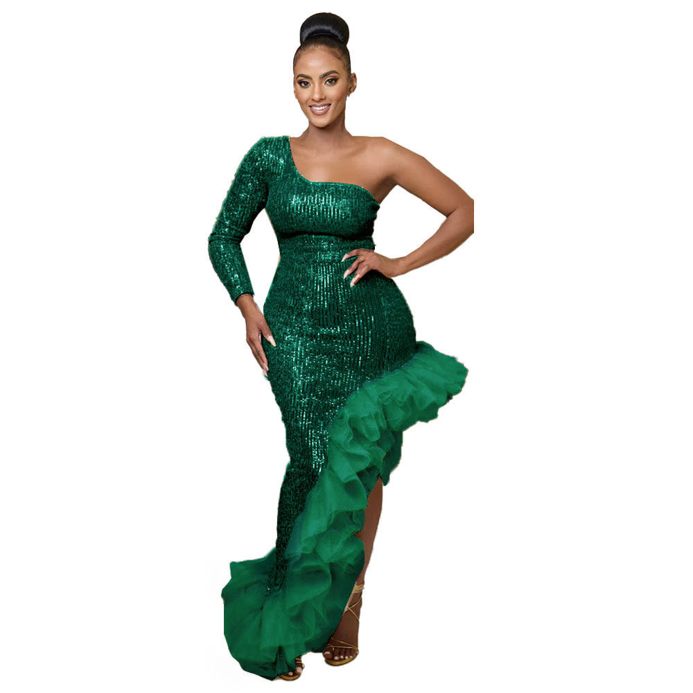 Sequin Single Shoulder Mesh Stitching Irregular Asymmetric Dress