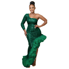 Sequin Single Shoulder Mesh Stitching Irregular Asymmetric Dress