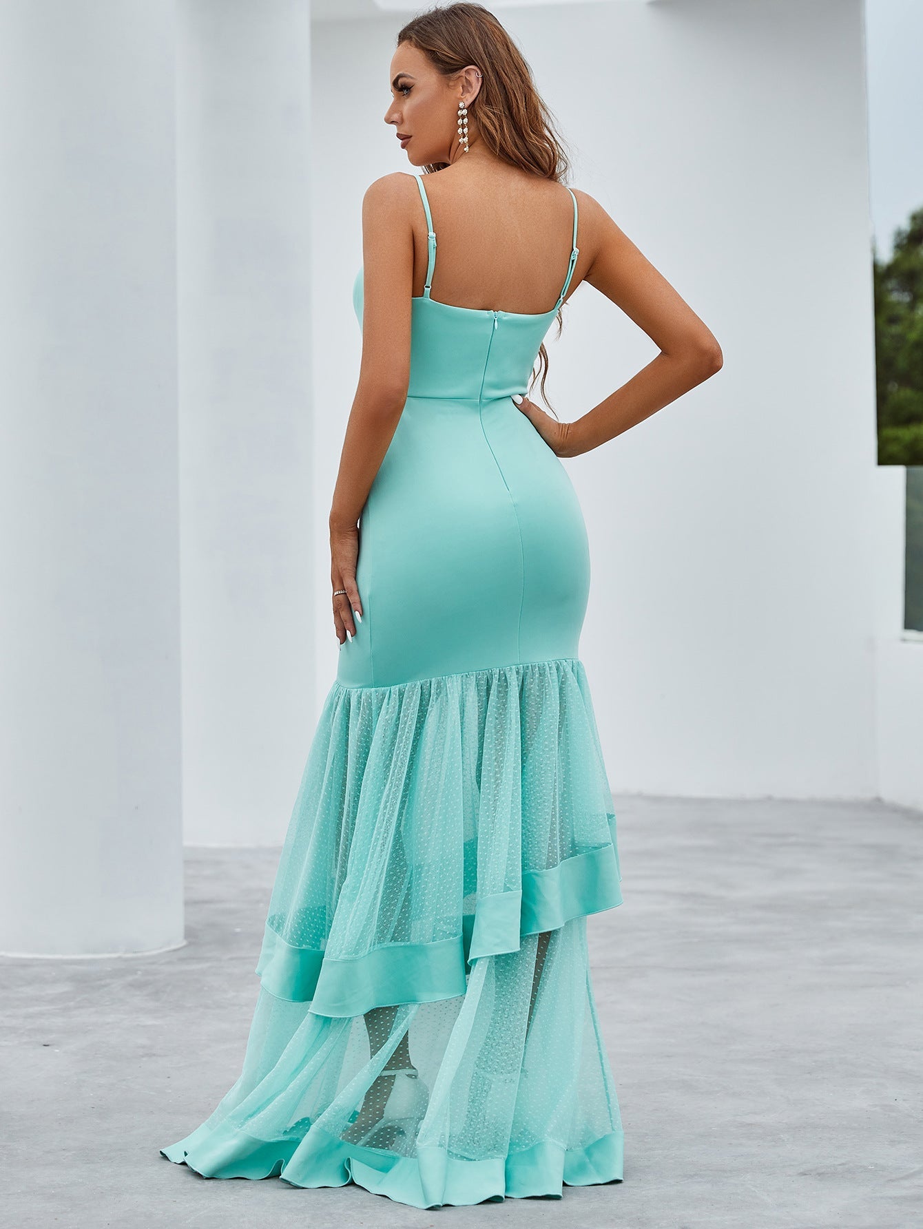 V Neck Sleeveless Formal Elegant Lace Slim Bodycon Cami Maxi Tiered Dress