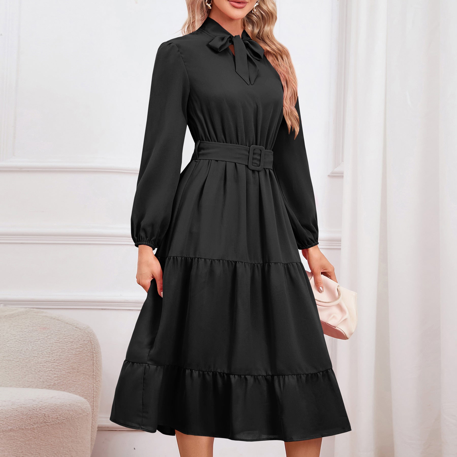 Elegant Slim Elegant Tied Collar Dress Layer Cake A Line Dress