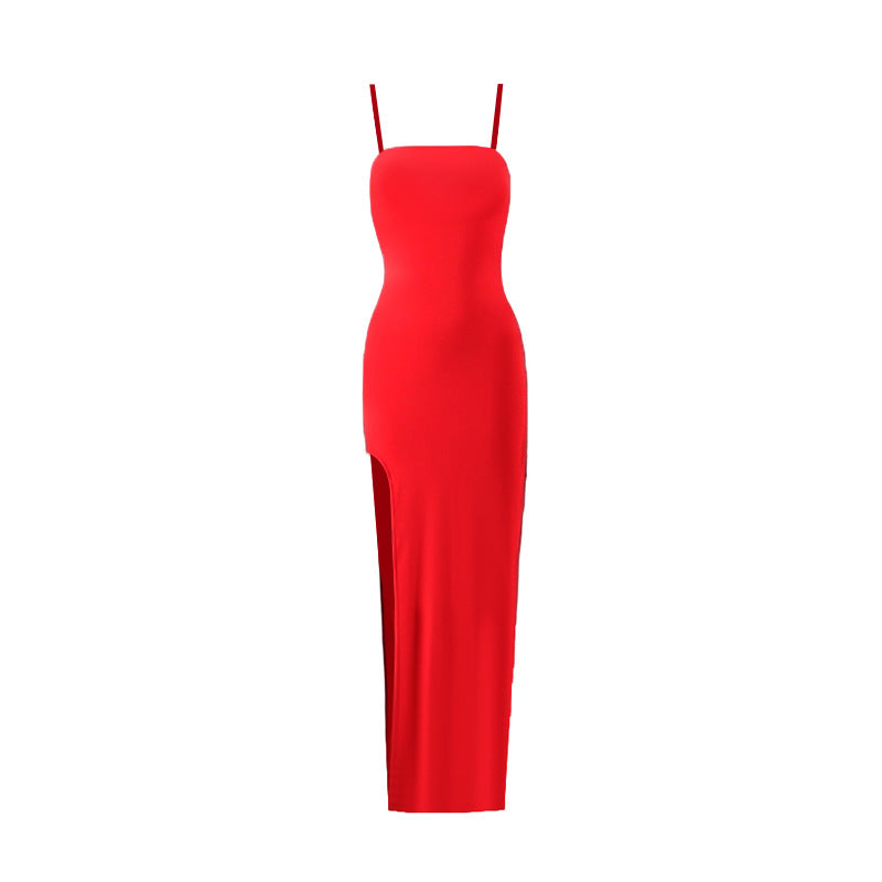 Trägerkleid, rückenfrei, Seitenschlitz, einfarbig