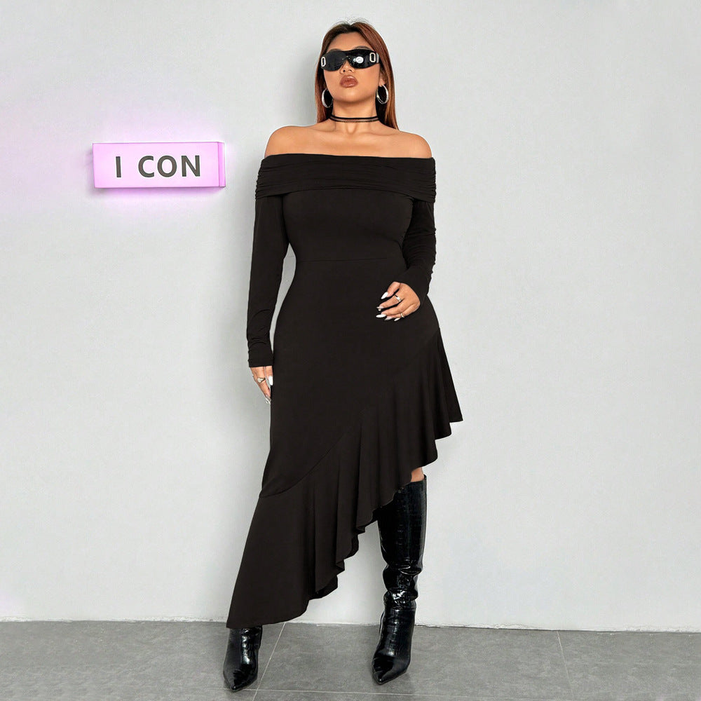 Elegant Dress  Boat Collar Wooden Ear Midi Dress