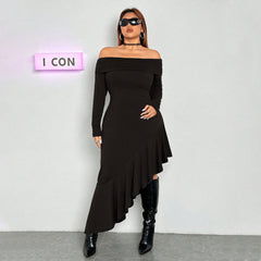 Elegant Dress  Boat Collar Wooden Ear Midi Dress
