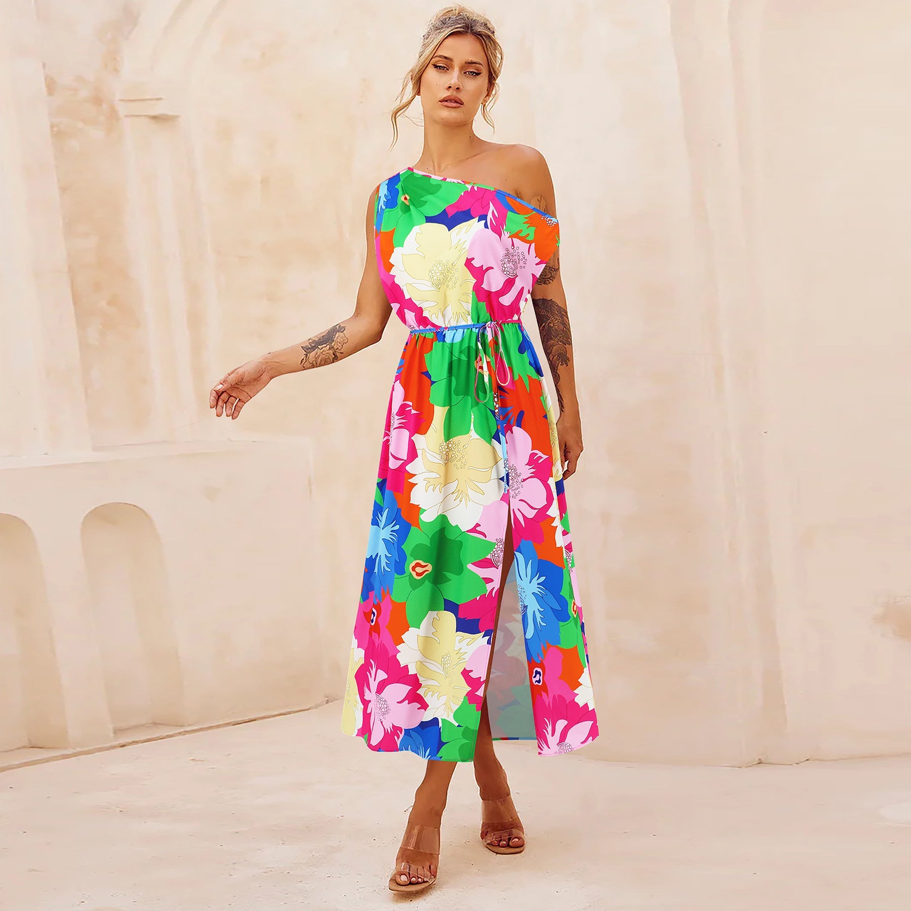 Elegant Slim Printed Dress Off Neck Slit Belt Dress