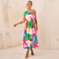 Elegant Slim Printed Dress Off Neck Slit Belt Dress