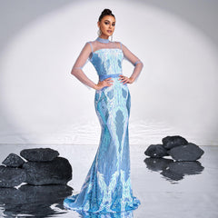 High End Long Sleeve Crew Neck Mesh Sequ Cocktail Long Evening