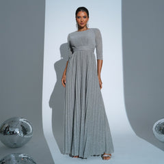 Vestido de noche largo bohemio con cuello redondo y manga cinco cuartos y cintura ancha