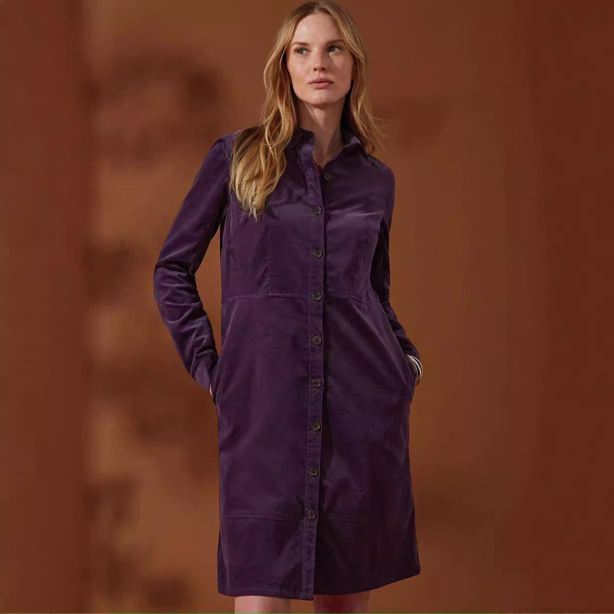 Elegant Velvet Windbreaker Button Loose Intellectual Long Sleeve Shirt Dress