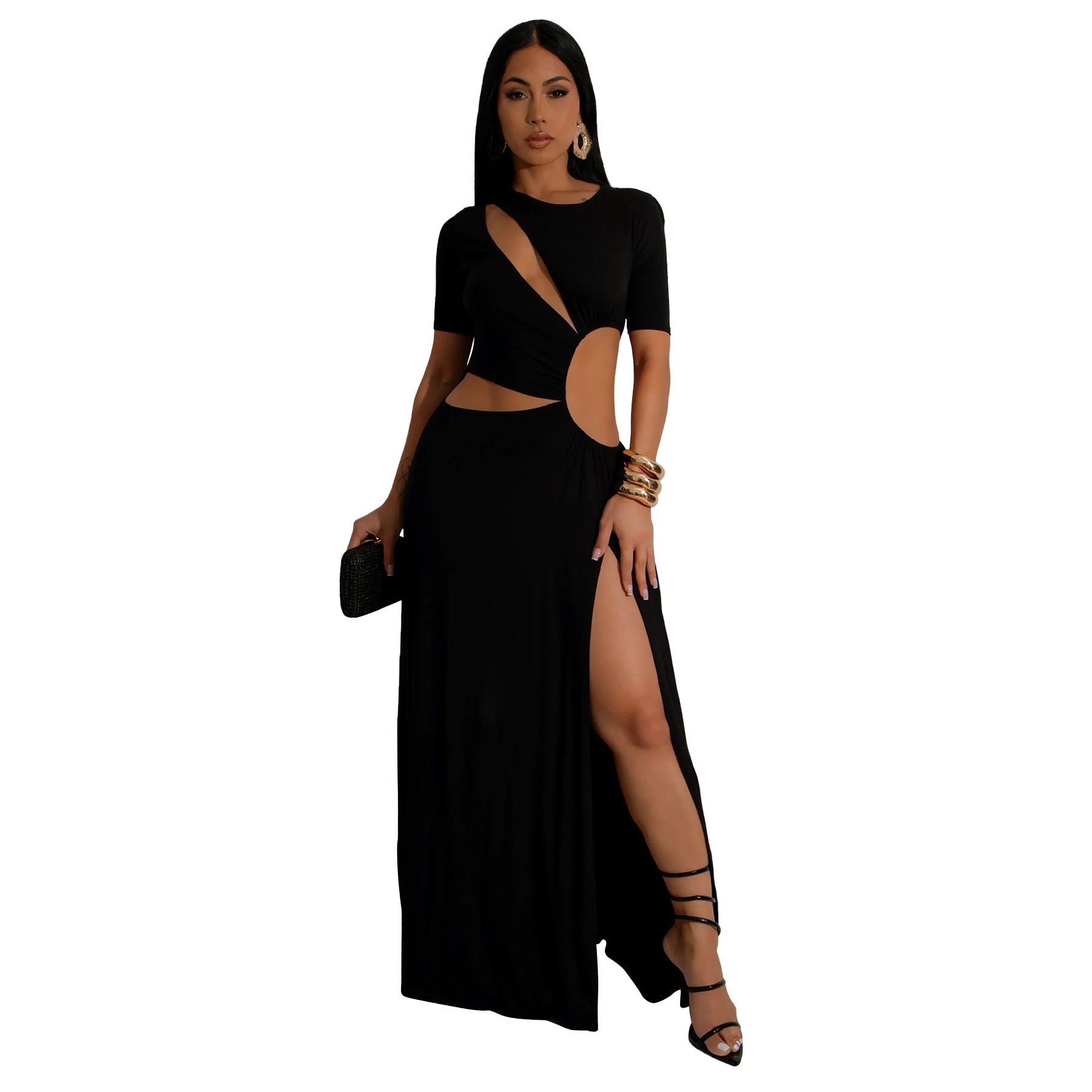 Vestido maxi asimétrico irregular con abertura en la cintura y abertura en color sólido