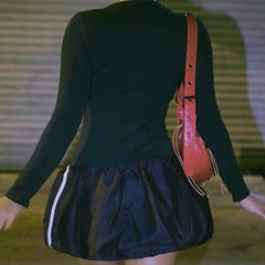Street Sports Bud Short Dress Bow Printed Long-Sleeved Top Waist Tight A Line Dress