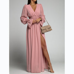 Waist-Tight Petal Sleeve Chiffon Dress