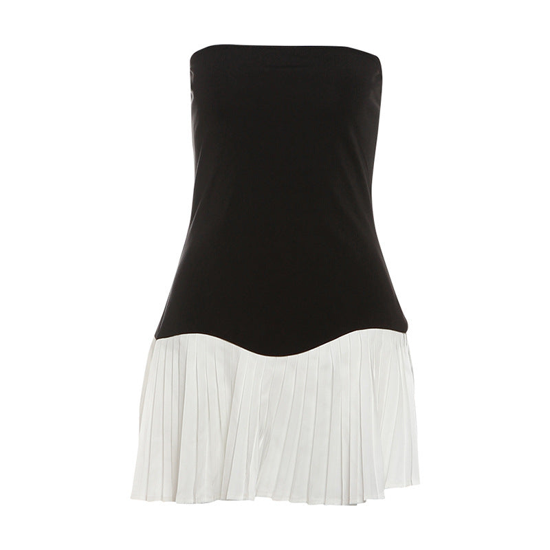 Festival Color Contrast Backless Slim Fit Tube Top Pleated Dress