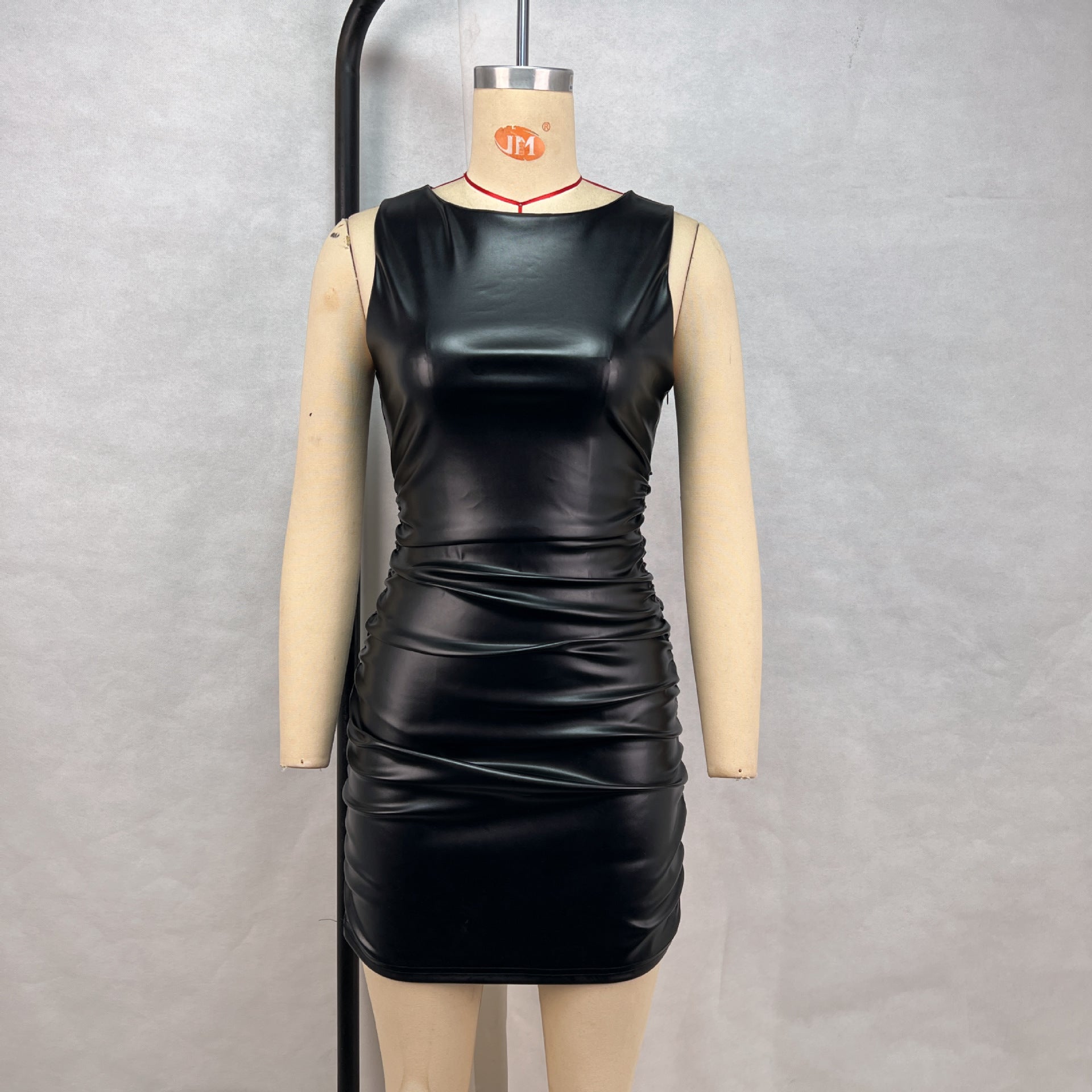 Slim Fit Sheath Dress Solid Color Sleeveless Pleated Waist Tight Slimming Leather Nightclub