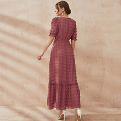 V neck Puff Short Sleeve High Waist Solid Color Dress