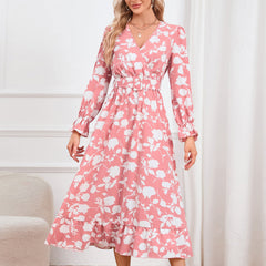 Dopamine Retro V Neck Printed Dress Large Swing Waist Dress