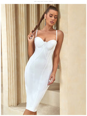 Vestido de noche con vendaje, vestido de vendaje con costuras blancas, sin espalda y tirantes.