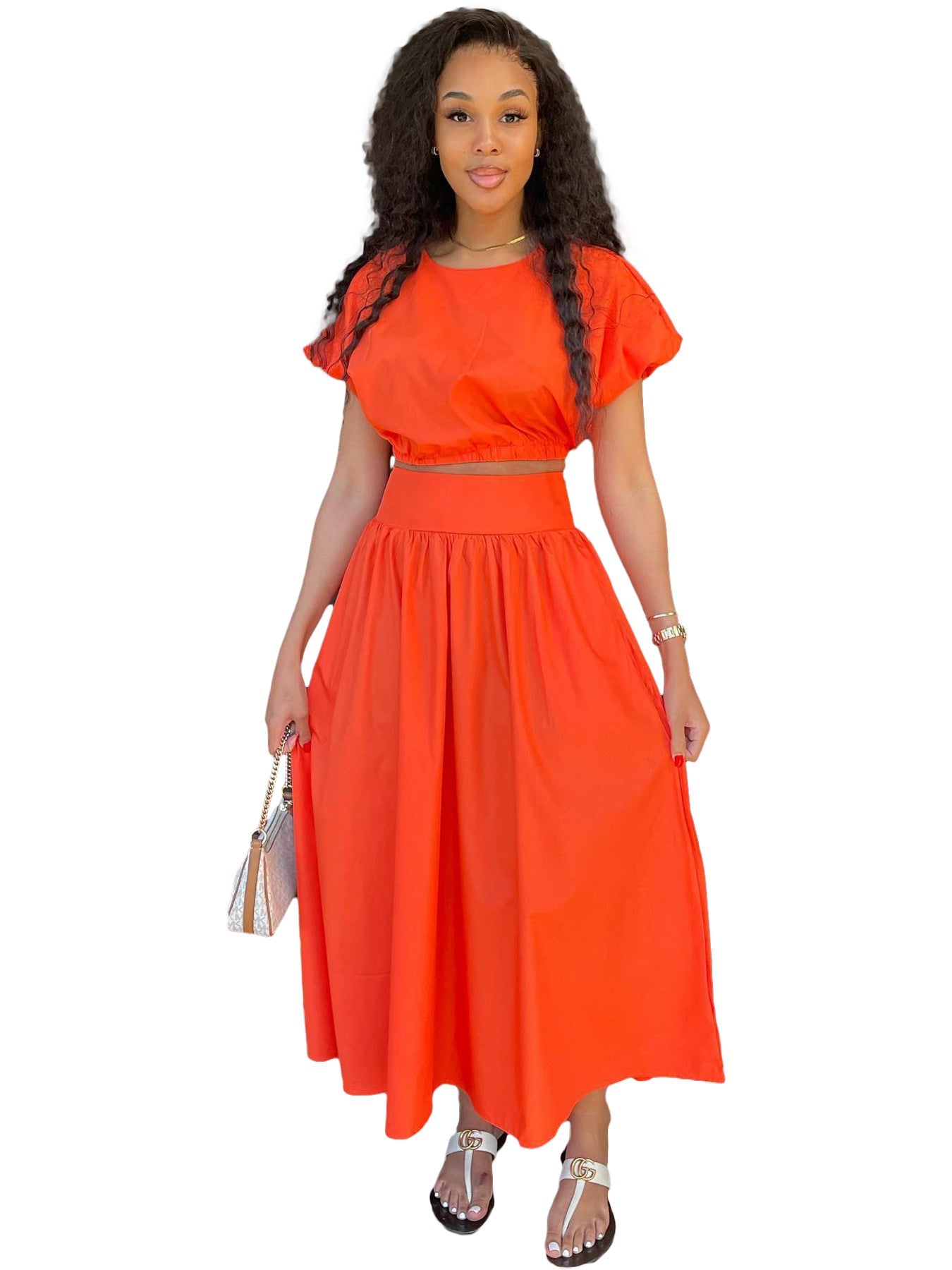 Conjunto de dos piezas de vestido princesa de cintura alta con mangas farol