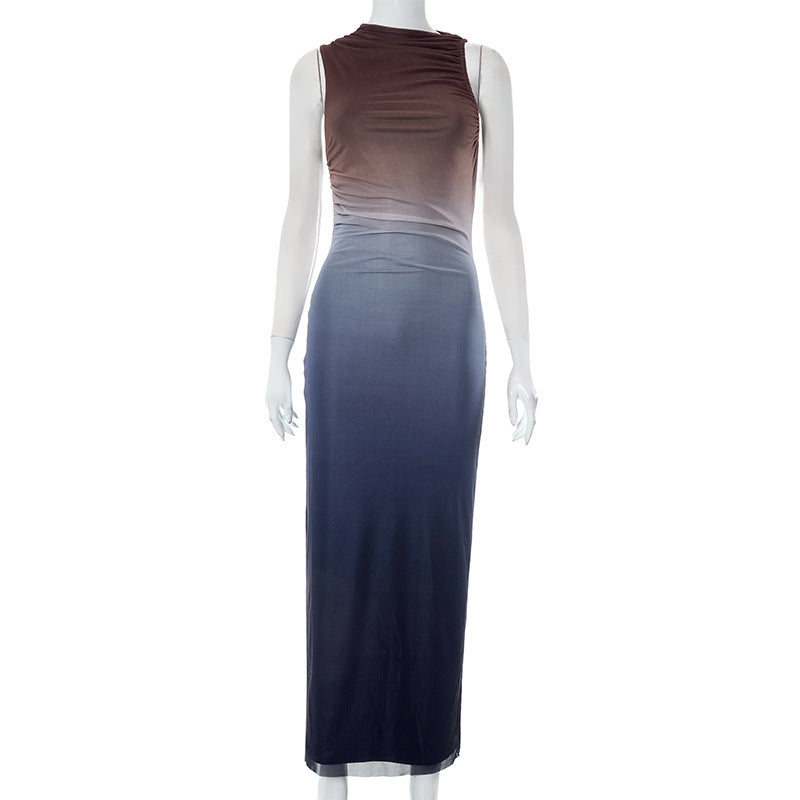 round Neck Sleeveless Tie Dyed Mesh Maxi Dress