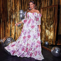 Plus Size Five Quarter Sleeve Waist Hollow Out Cutout Out Long Off Shoulder Chiffon Printed Dress