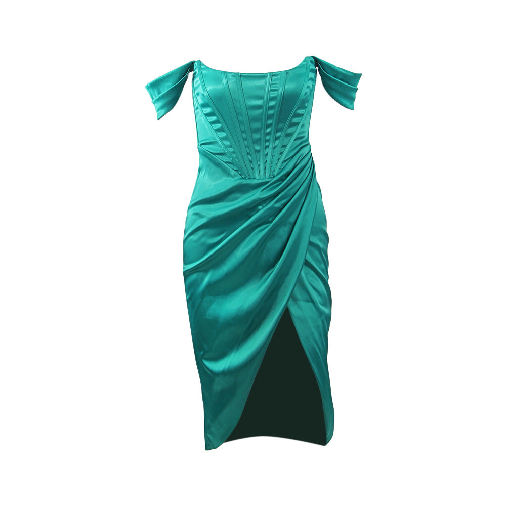 Bodycon Party Card Shoulder Tube Top Slim Fit Slit Solid Color Dress