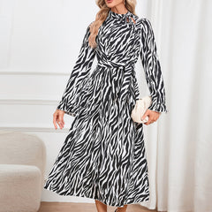 Slim Elegant Flare Sleeve StCollar Thin Strap Dress Leopard Print Printed Maxi Dress