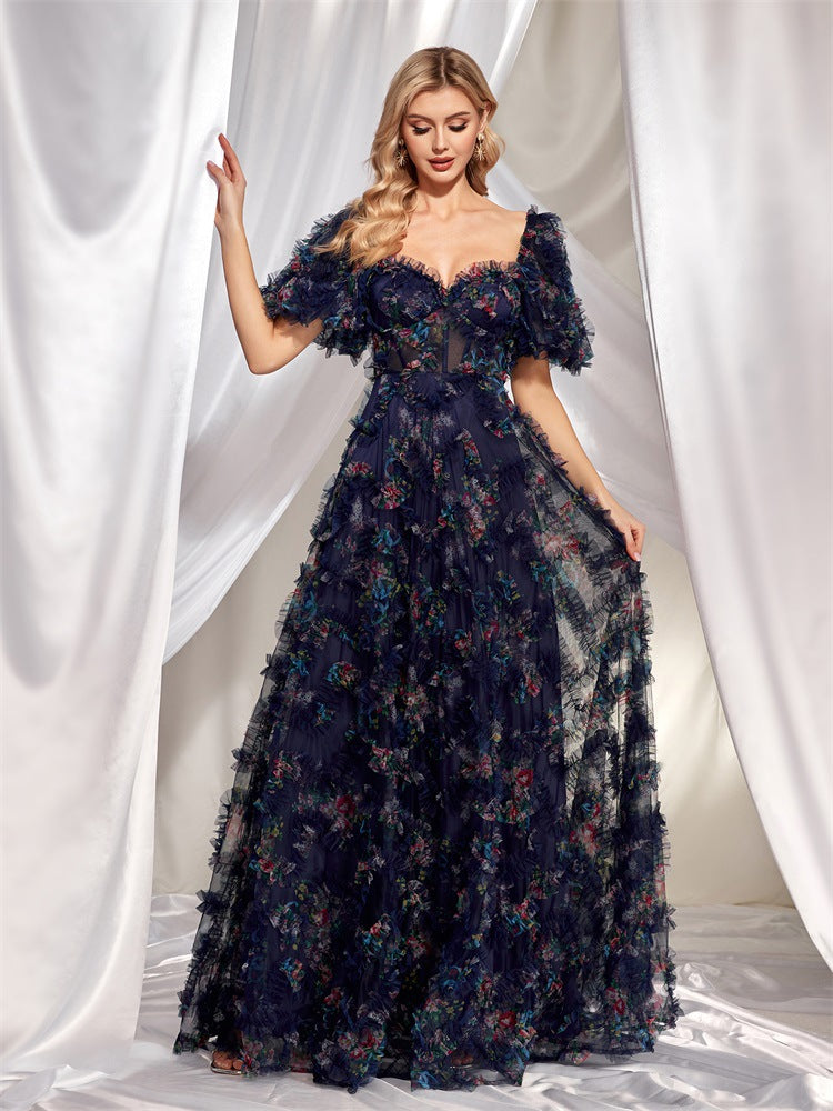 Vestido de noche de alta calidad con cuello en U y estampado floral, manga corta, corte entallado, para fiesta y cóctel.